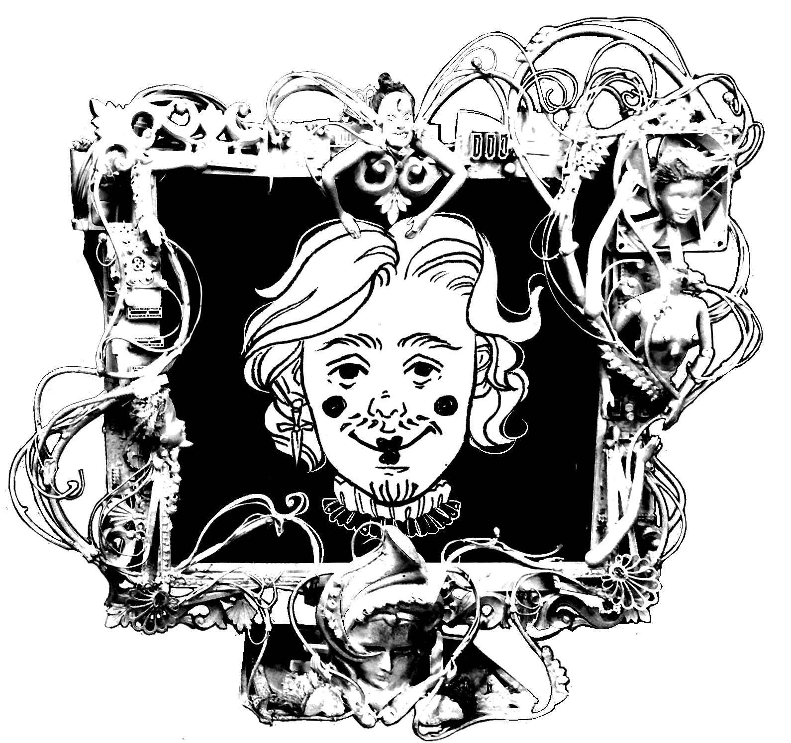 A greyscale picture of a computer screen ornamented with wires and doll limbs like an ornate picture frame. On the screen is a drawing of the face of Dionysos Slain, smiling